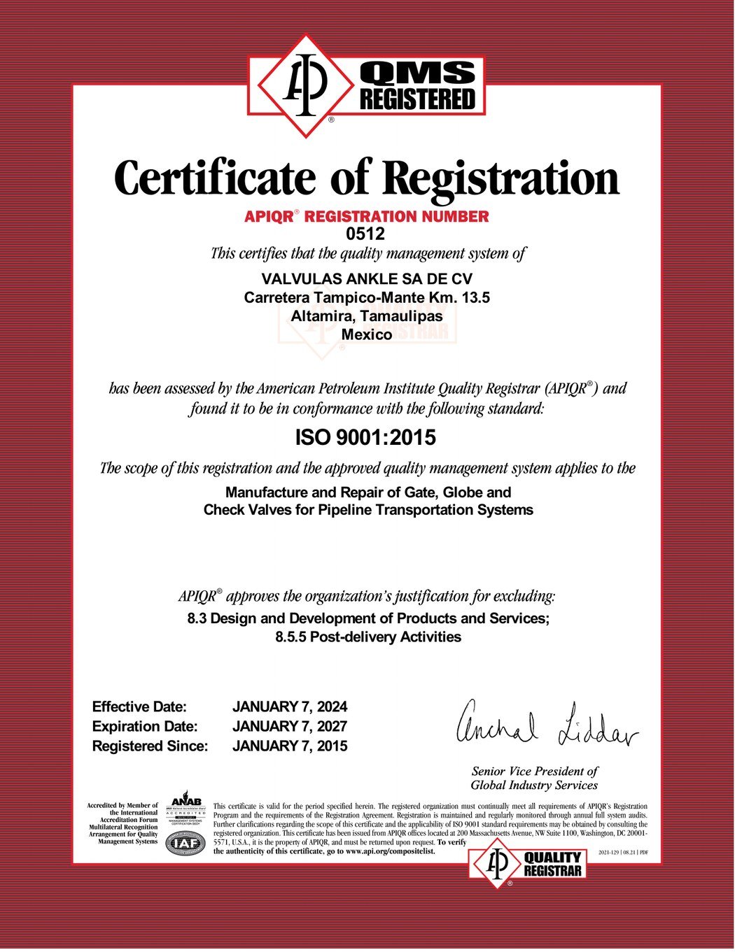 Certificado ISO 9001:2015 otorgado por APIQR